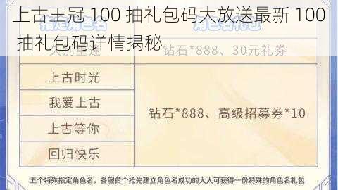 上古王冠 100 抽礼包码大放送最新 100 抽礼包码详情揭秘