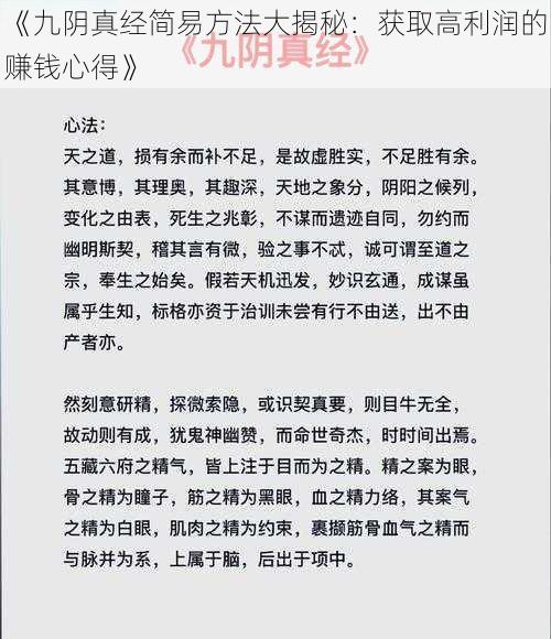 《九阴真经简易方法大揭秘：获取高利润的赚钱心得》