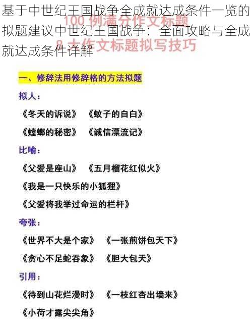 基于中世纪王国战争全成就达成条件一览的拟题建议中世纪王国战争：全面攻略与全成就达成条件详解